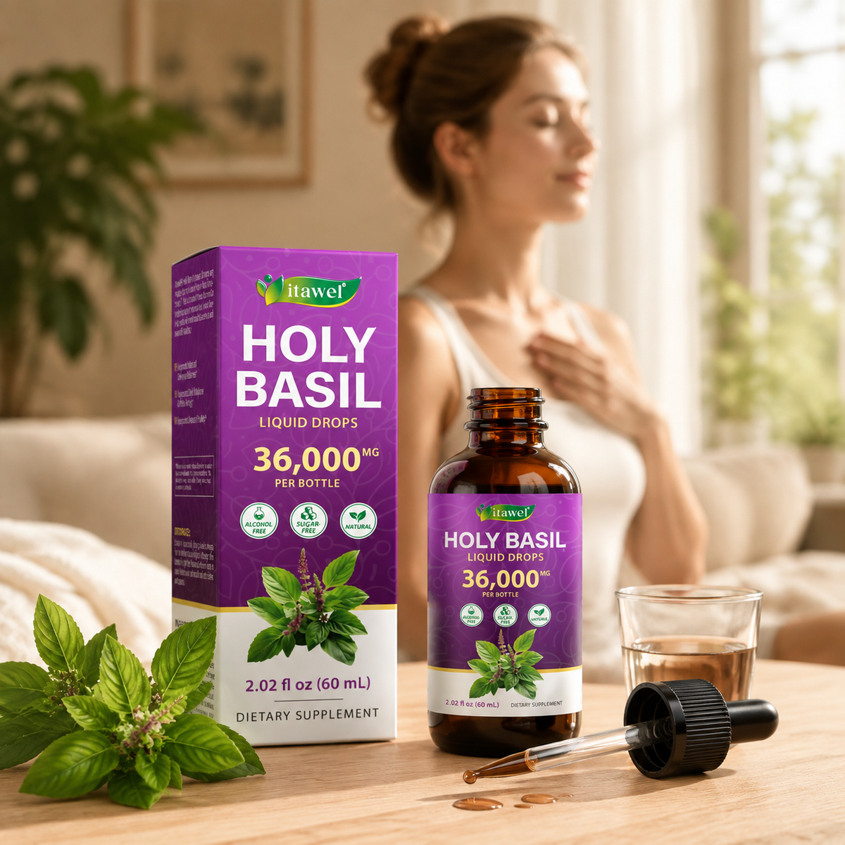 Holy basil leaves and liquid drops beside a midday water glass on a work desk