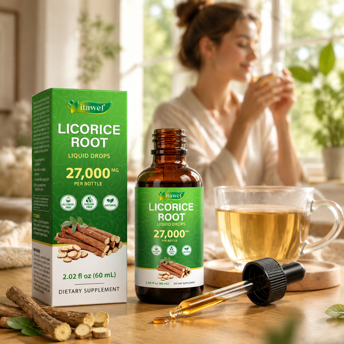 Licorice root sticks and liquid drops beside an after-dinner tea setting