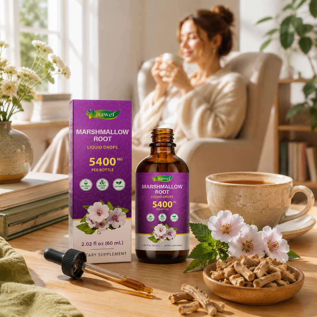 Marshmallow root liquid drops beside a warm water glass and a humidifier in a cozy room