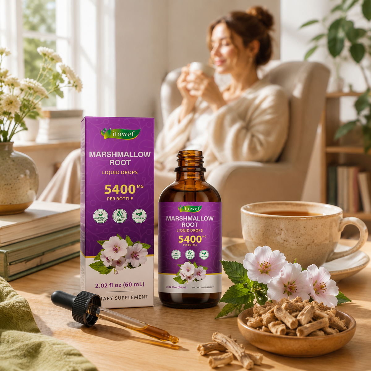 Marshmallow root liquid drops beside a warm water glass and a humidifier in a cozy room
