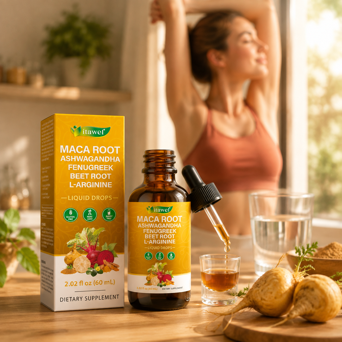 ITAWEL Maca Root liquid drops with maca root and a bright morning routine
