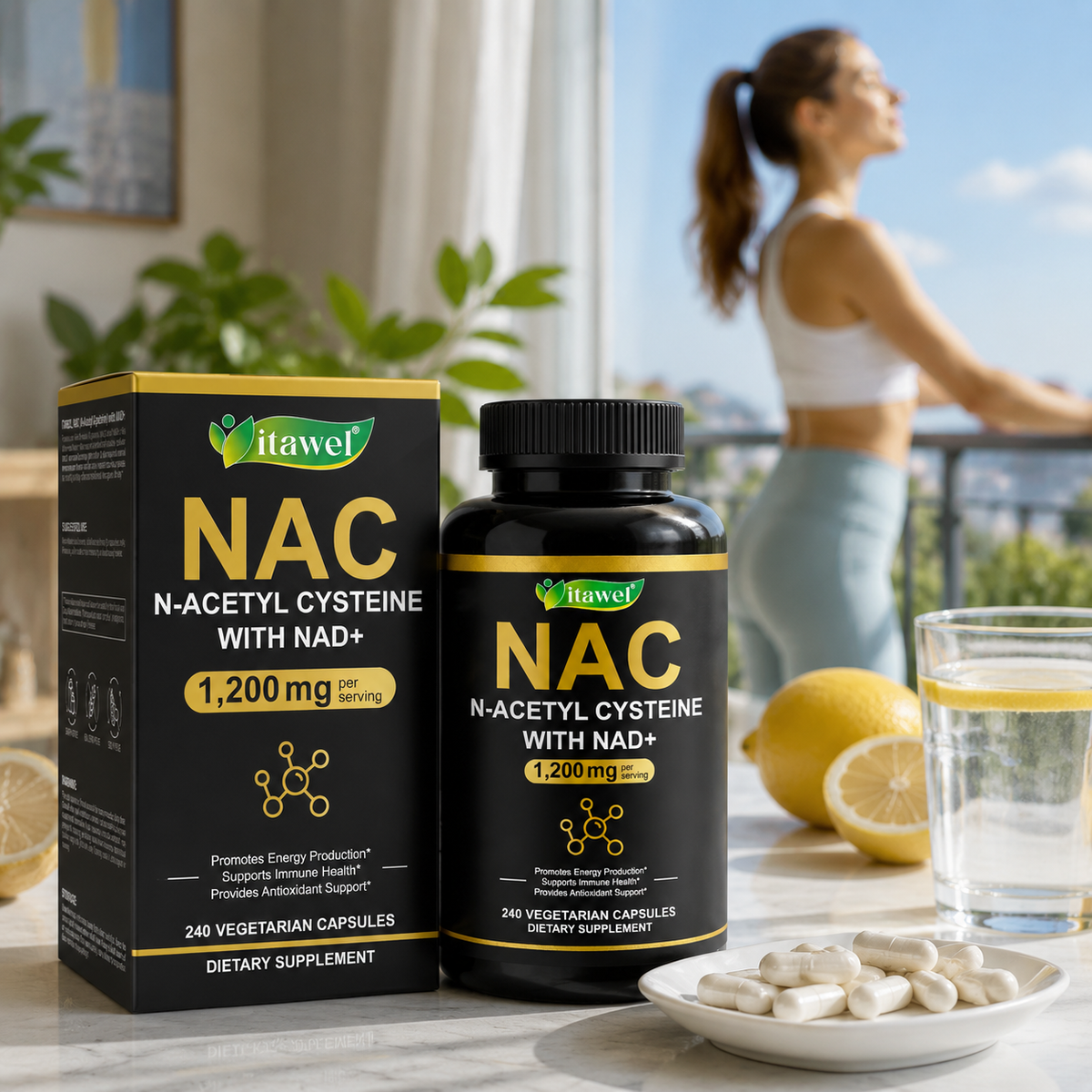 NAC capsules beside a water glass and a morning supplement organizer