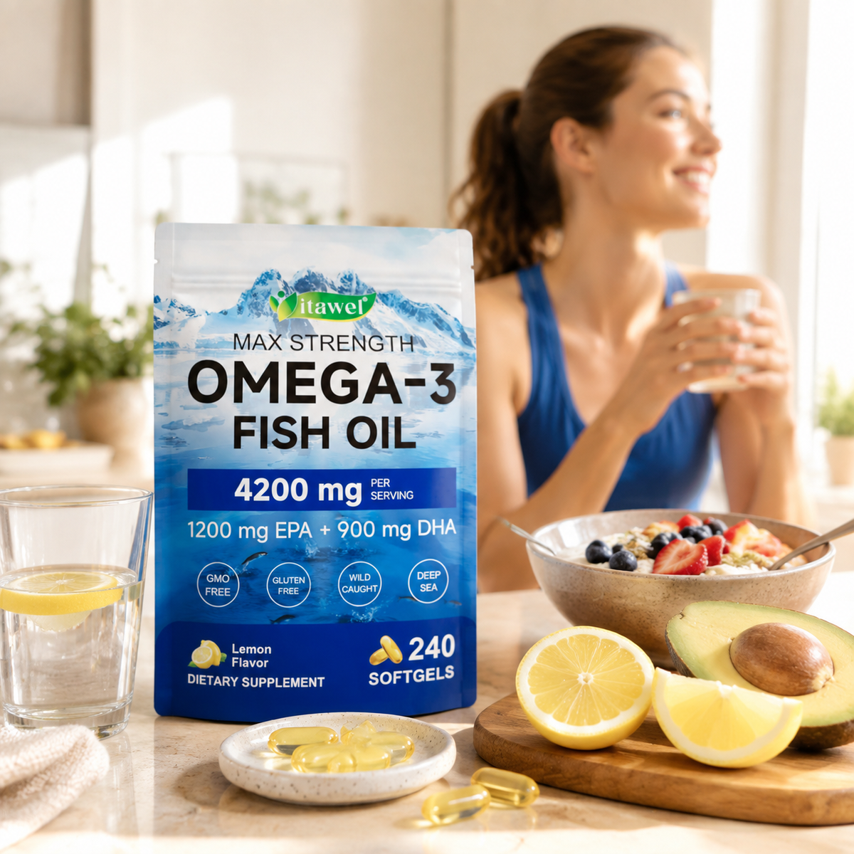 Omega-3 softgels beside a breakfast plate with eggs and whole grain toast