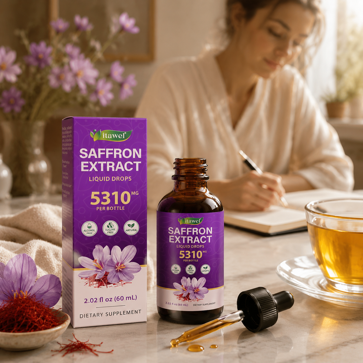 Saffron threads and extract drops beside a journal and a calm morning tea ritual