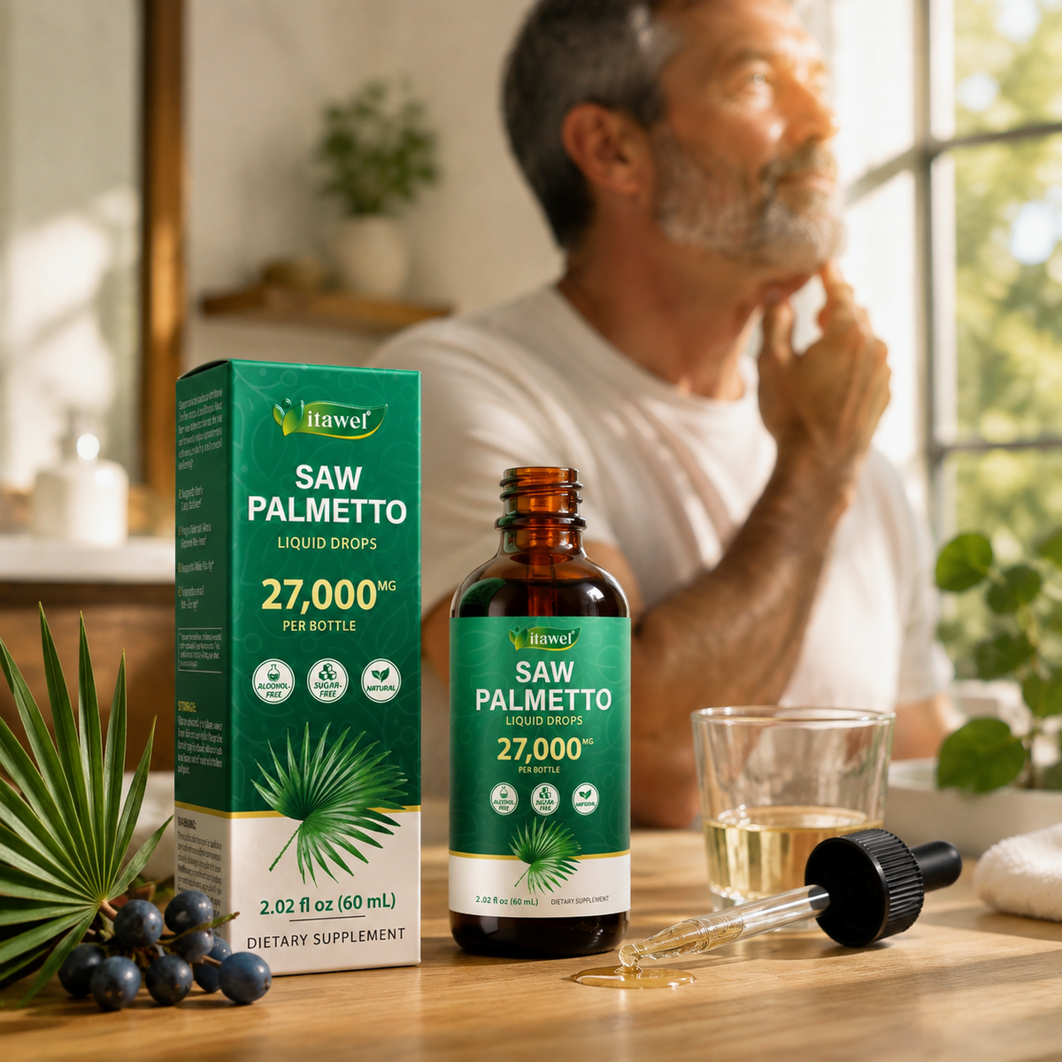 Saw palmetto berries and liquid drops beside a morning routine shelf with walking shoes