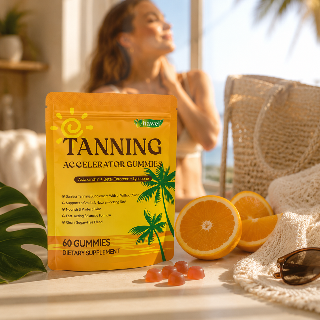 Astaxanthin gummies beside sunscreen, sunglasses and a packed holiday bag