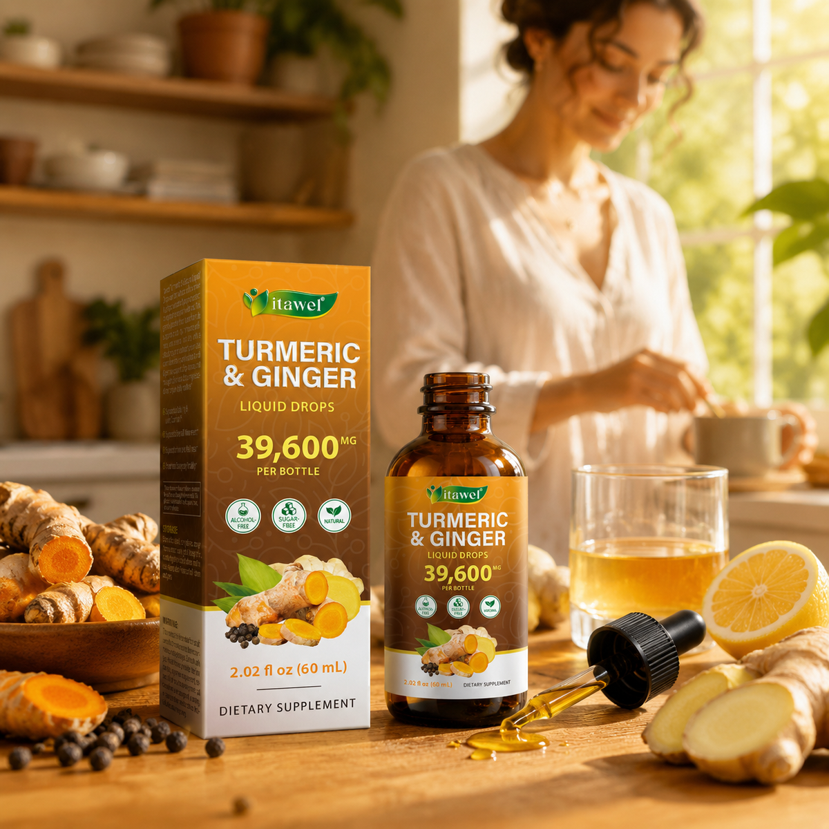 Turmeric ginger liquid drops beside a meal with healthy fats like avocado and olive oil