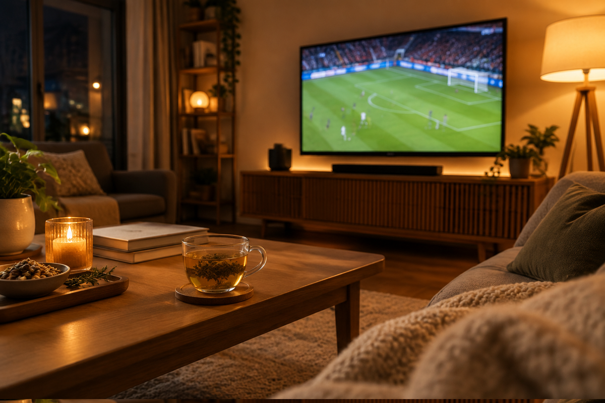 Living room at night with a football game on TV, dim lights, herbal tea and a phone set to night mode