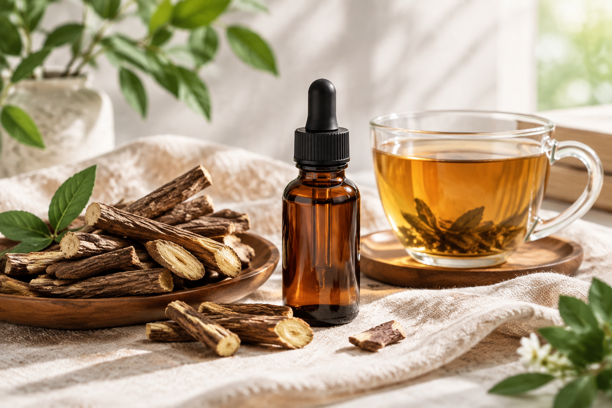 Licorice root liquid drops with a warm digestive wellness drink and botanical roots