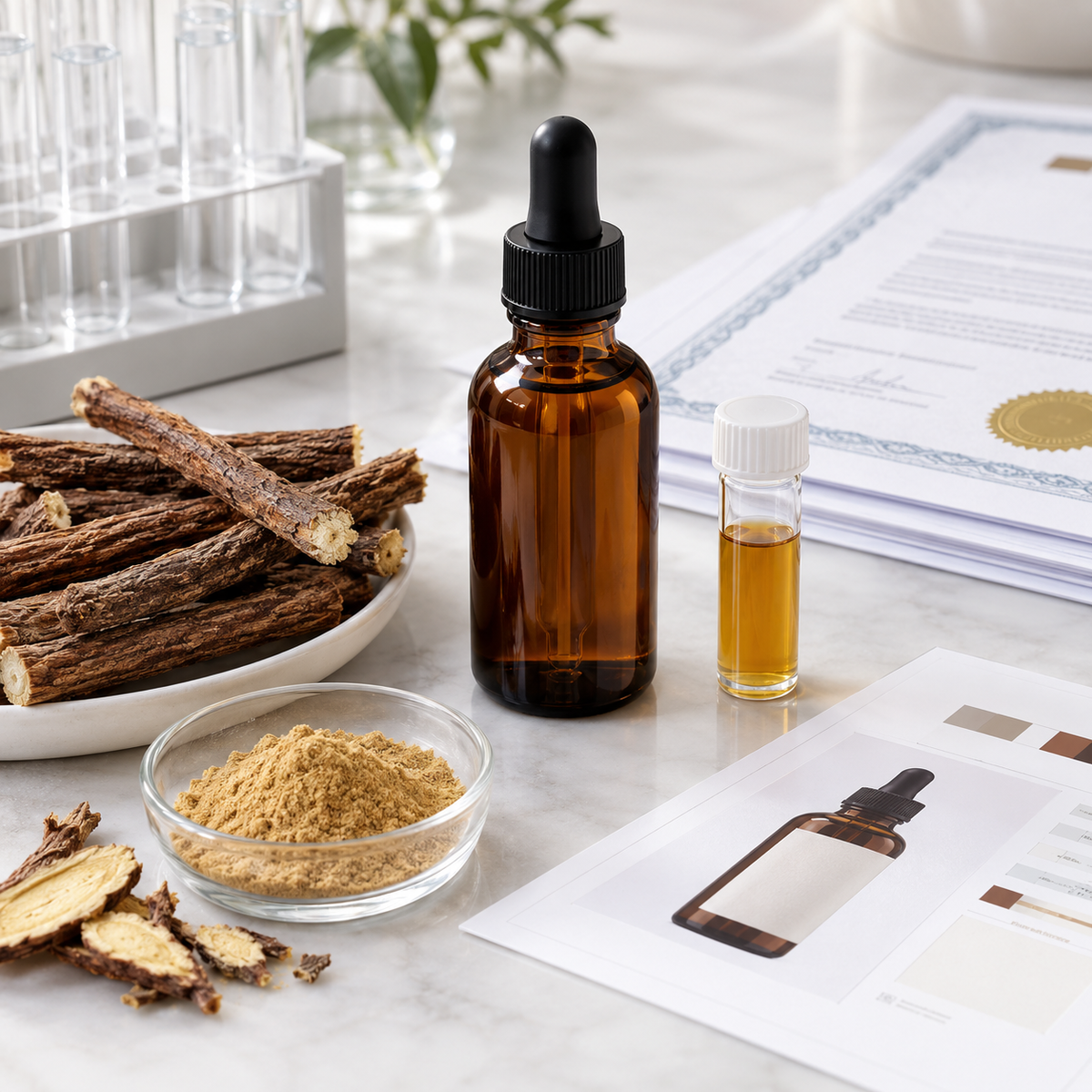 Licorice root extract sample with glycyrrhizin specification and quality documents