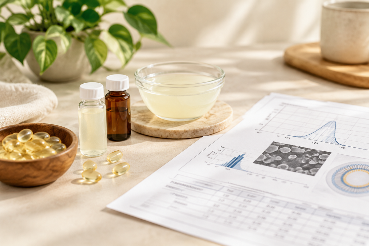 Liposomal supplement samples with particle size analysis report and encapsulation verification documents