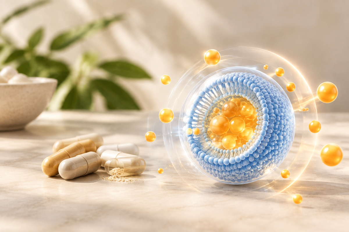 Illustration-style scene of liposome bubbles shielding nutrients beside regular and liposomal capsules