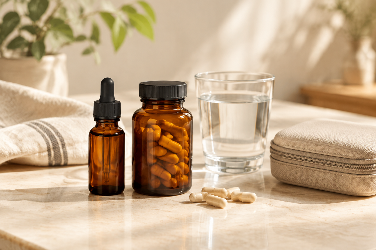 Dropper bottle and capsule bottle side by side with a water glass and travel case