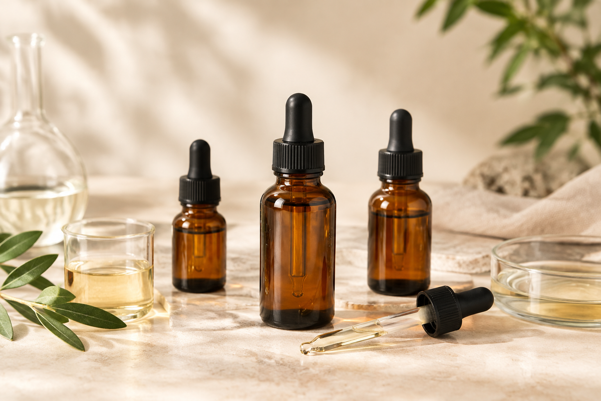 Liquid supplement dropper bottles with base solvent specification, concentration assay and stability data