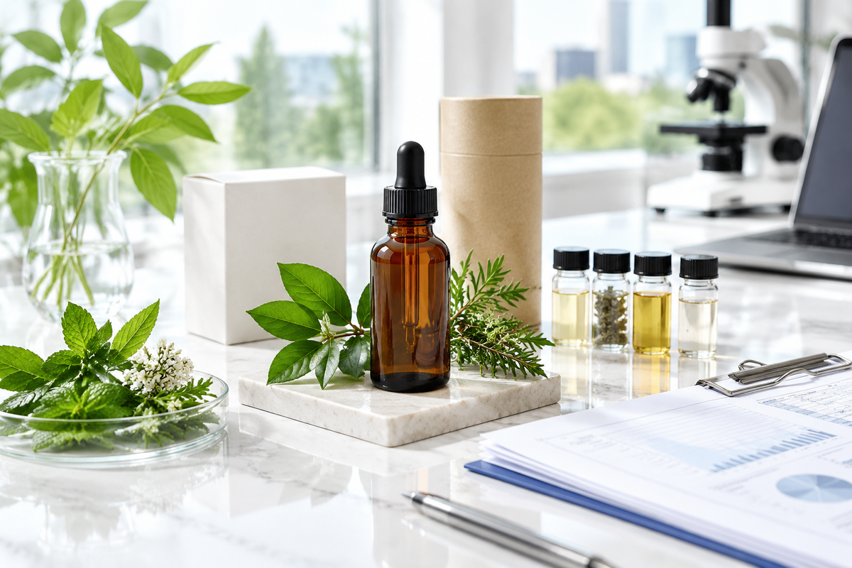 Botanical liquid supplement sample beside stability, packaging and COA documents