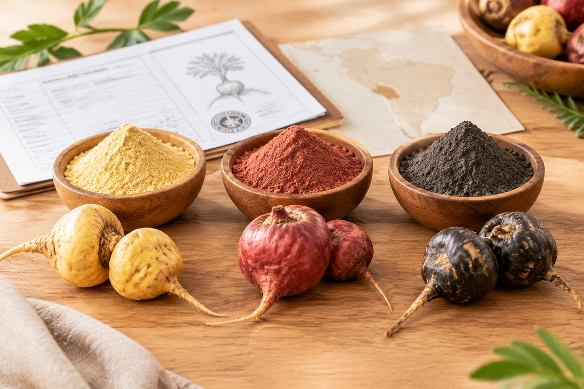 Maca root powder samples in yellow, red and black varieties with specification and origin documents