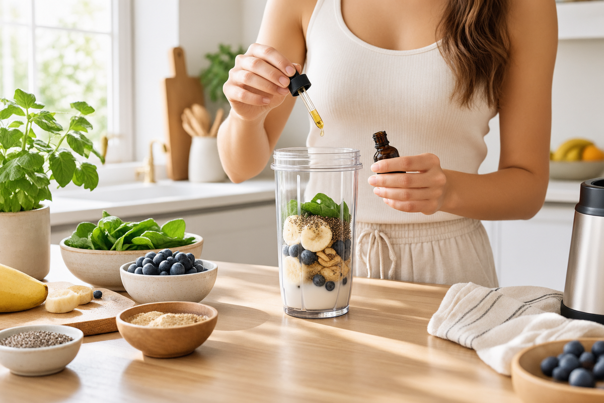 Woman preparing a morning smoothie with maca drops in a bright kitchen