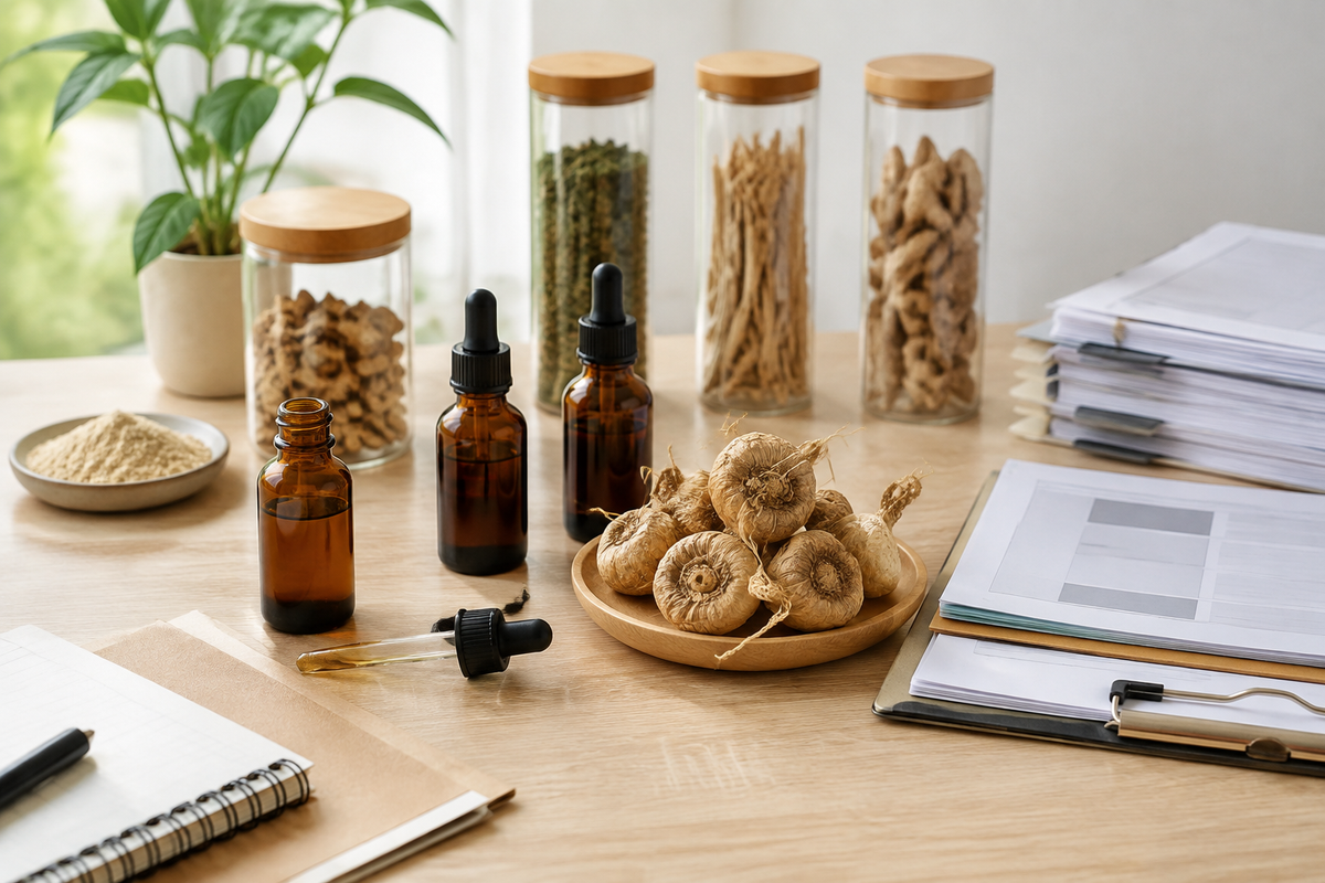 Maca root liquid supplement samples and a botanical supplier review file