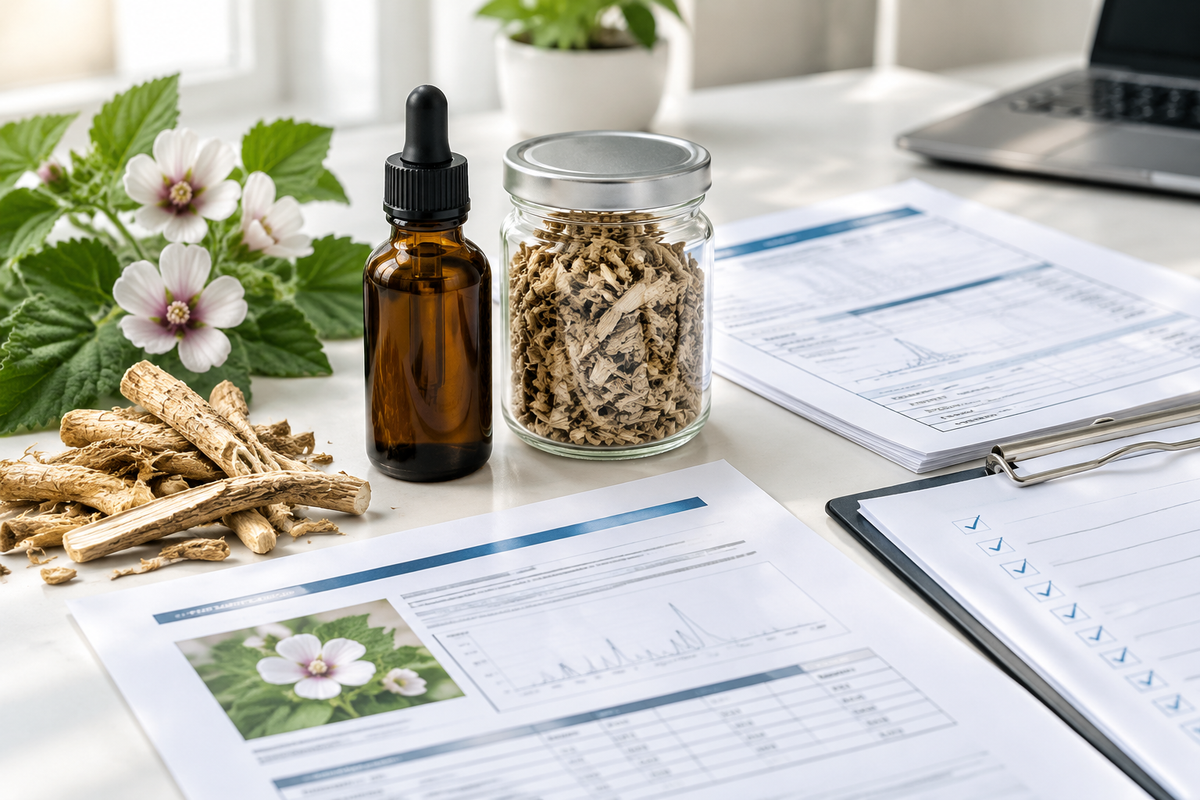 Marshmallow root extract sample with mucilage specification and quality checklist