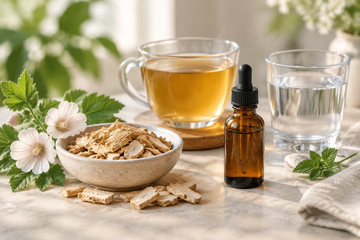 Marshmallow root liquid drops with herbal tea and a gentle throat comfort setting