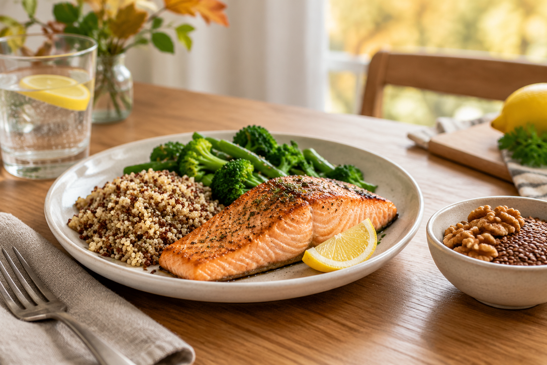 Illustrative salmon meal with vegetables, whole grains, walnuts and flax seeds on a kitchen table