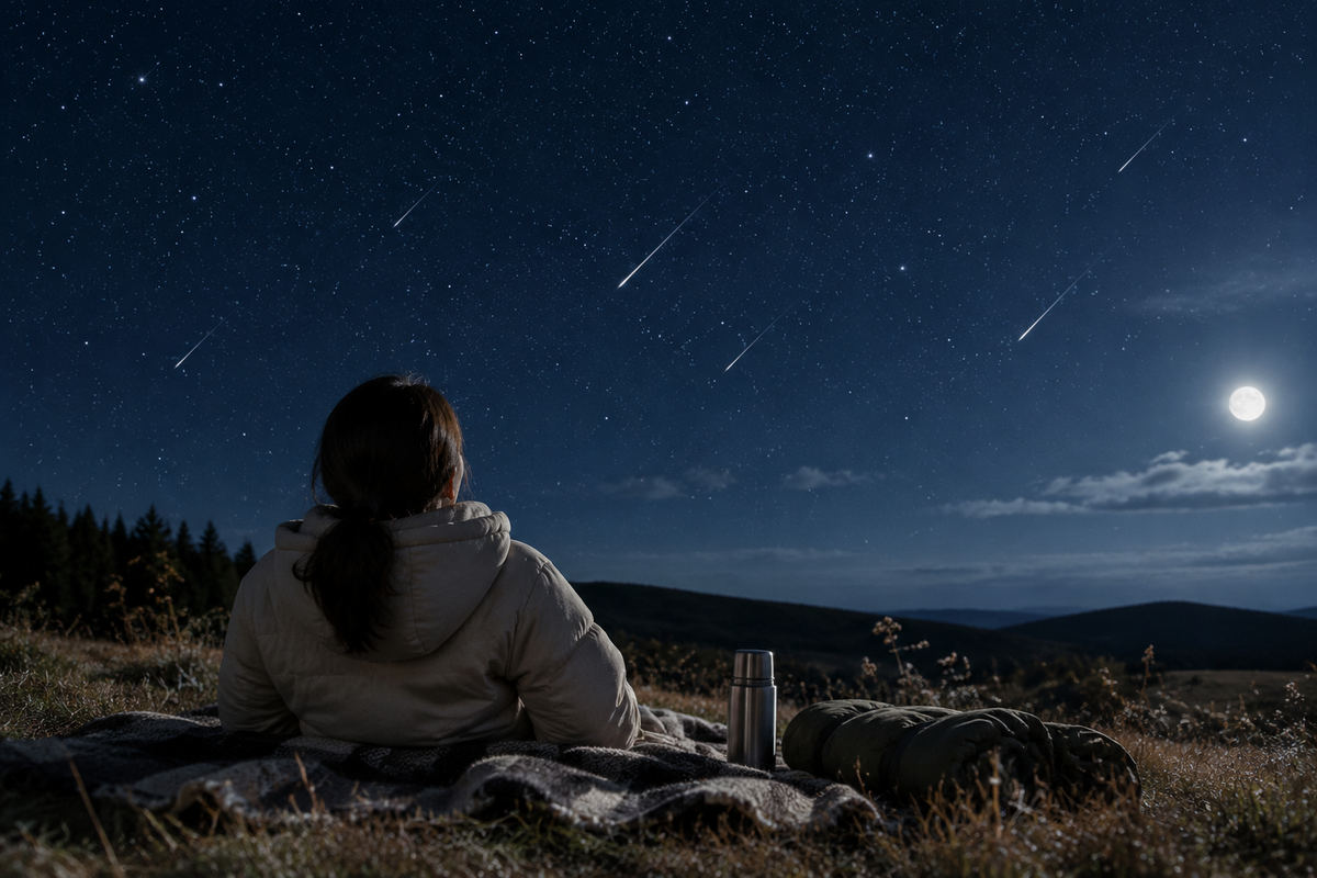 Editorial wellness photograph of a person in a warm jacket viewing a starry night sky from a quiet field with a thermos and blanket