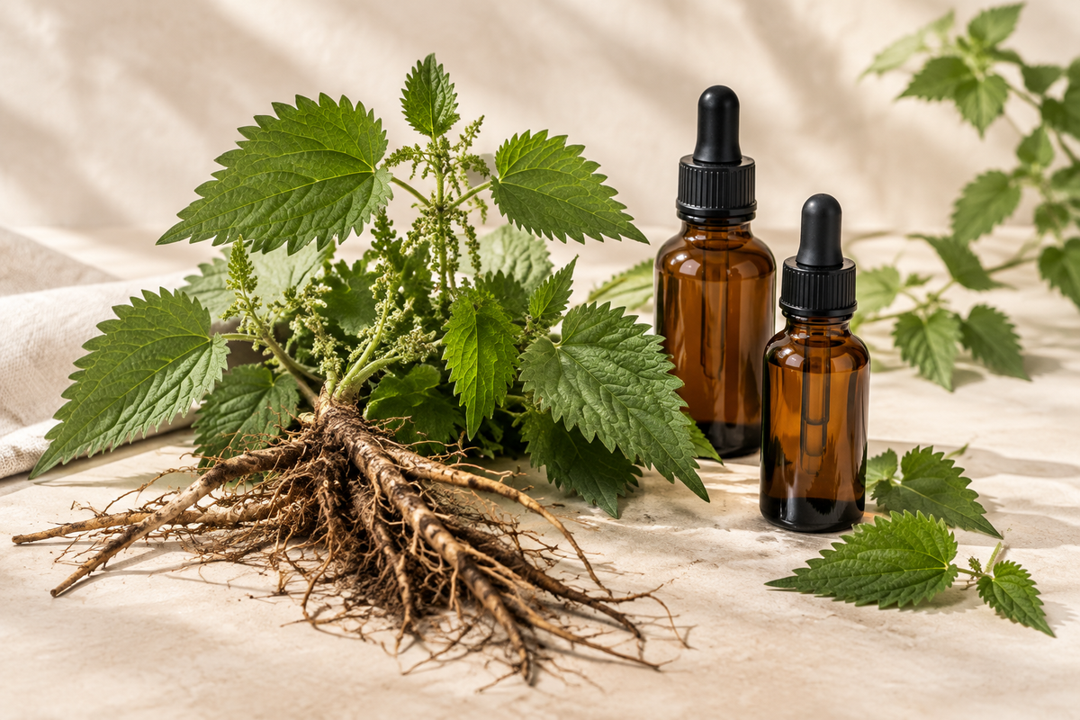 Marshmallow root, slippery elm bark and licorice arranged beside a steaming cup