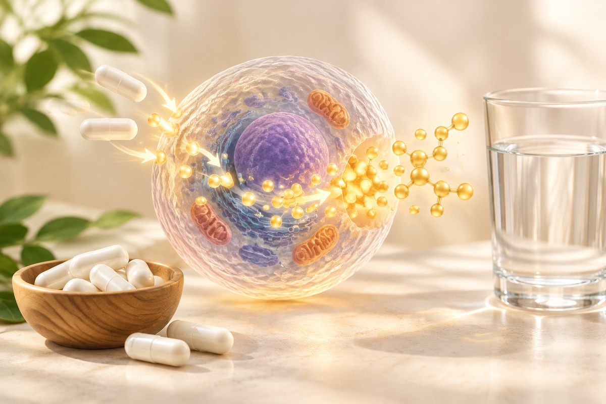 Illustrated scene of cells producing glutathione with NAC capsules and a water glass nearby