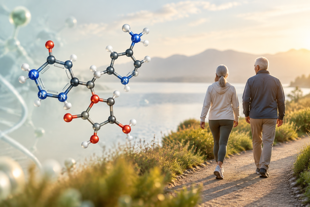 Scientific-style scene of NAD+ molecule graphic beside a healthy aging lifestyle with walking seniors