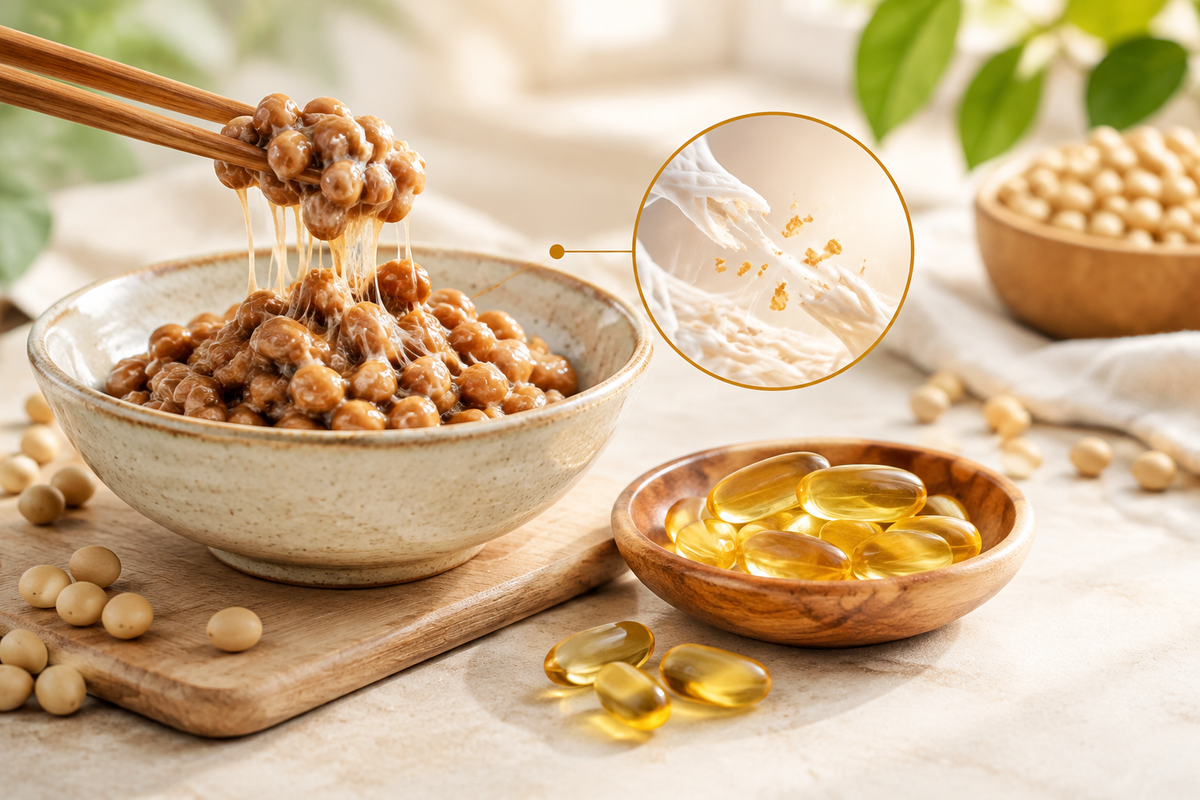 Natto fermented soybeans beside softgels with a label highlighting fibrinolytic units