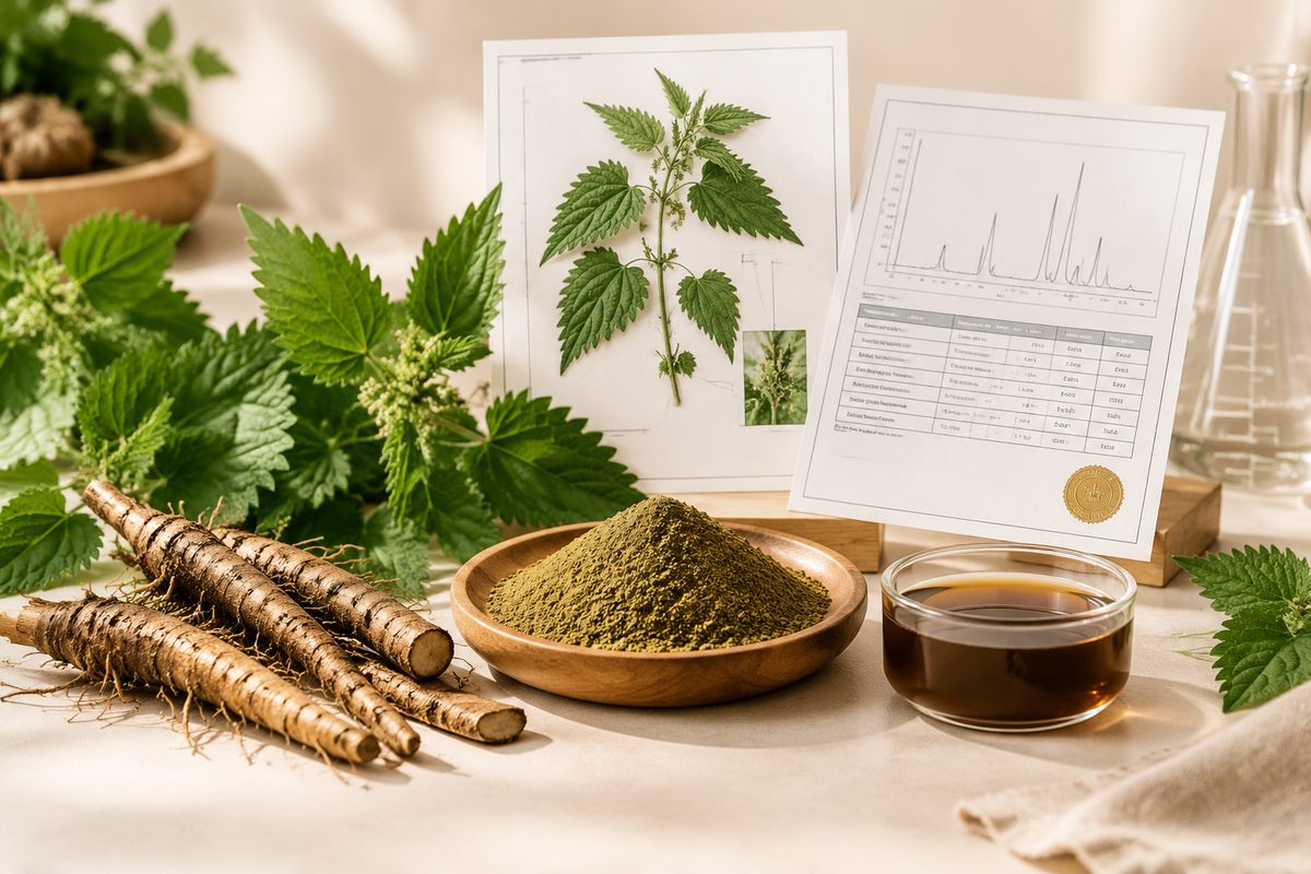 Nettle root extract samples with botanical identity report, plant part verification and extract ratio certificate