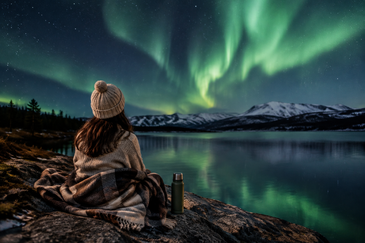 Editorial wellness photograph of a person in warm layers viewing green aurora lights from a quiet lakeside with a blanket and thermos