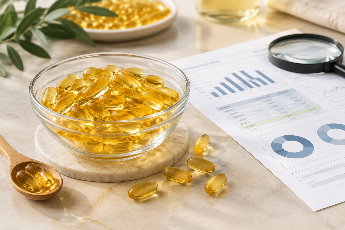 Omega-3 softgel bulk samples with assay report showing EPA and DHA percentages and oxidation values