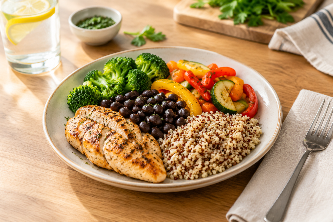 Balanced meal with lean protein, beans, vegetables and whole grains on a kitchen table