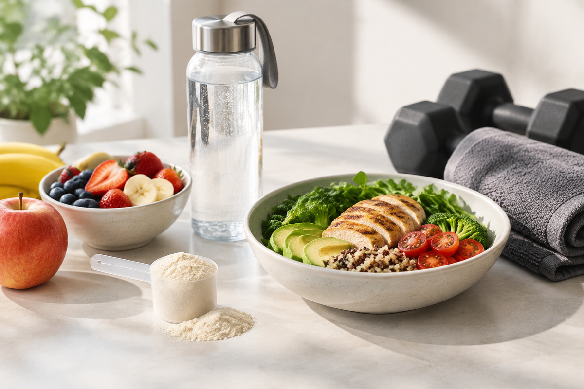 Cutting phase supplement routine with a powder scoop, water bottle and balanced meal