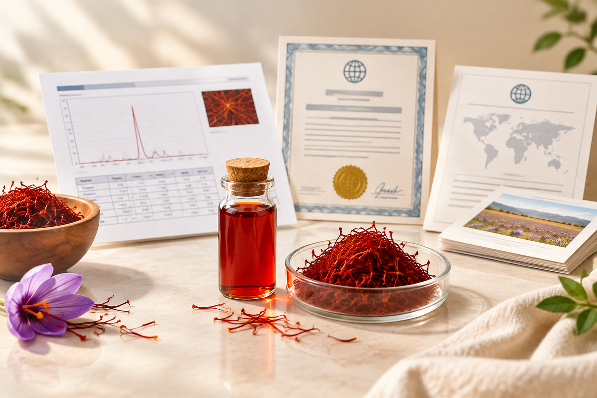 Saffron extract samples with crocin assay report, ISO authenticity certificate and origin documents