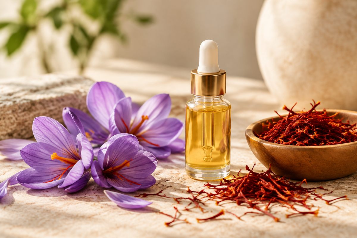 Saffron crocus flowers and red threads beside a small measured dropper bottle