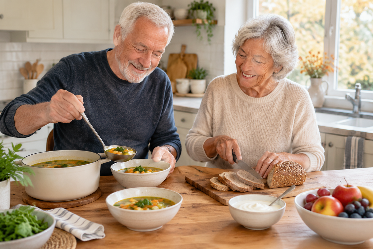 Illustrative older adults preparing vegetable soup, bread, yogurt and fruit together in a home kitchen