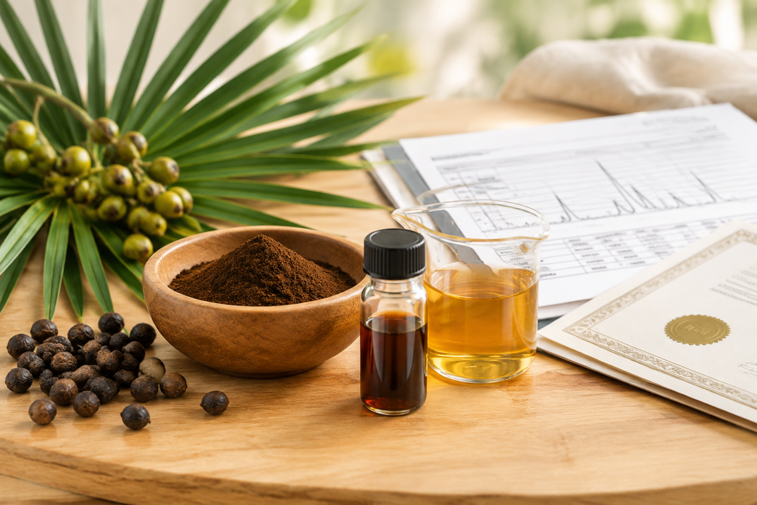 Saw palmetto extract samples with fatty acid assay, extraction method certificate and origin documents
