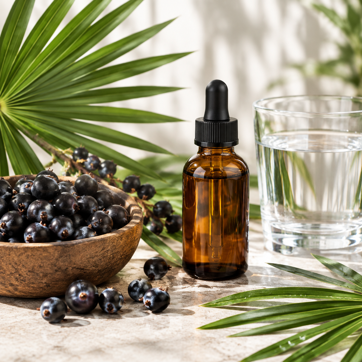 Saw palmetto liquid drops with botanical berries and a men's wellness routine
