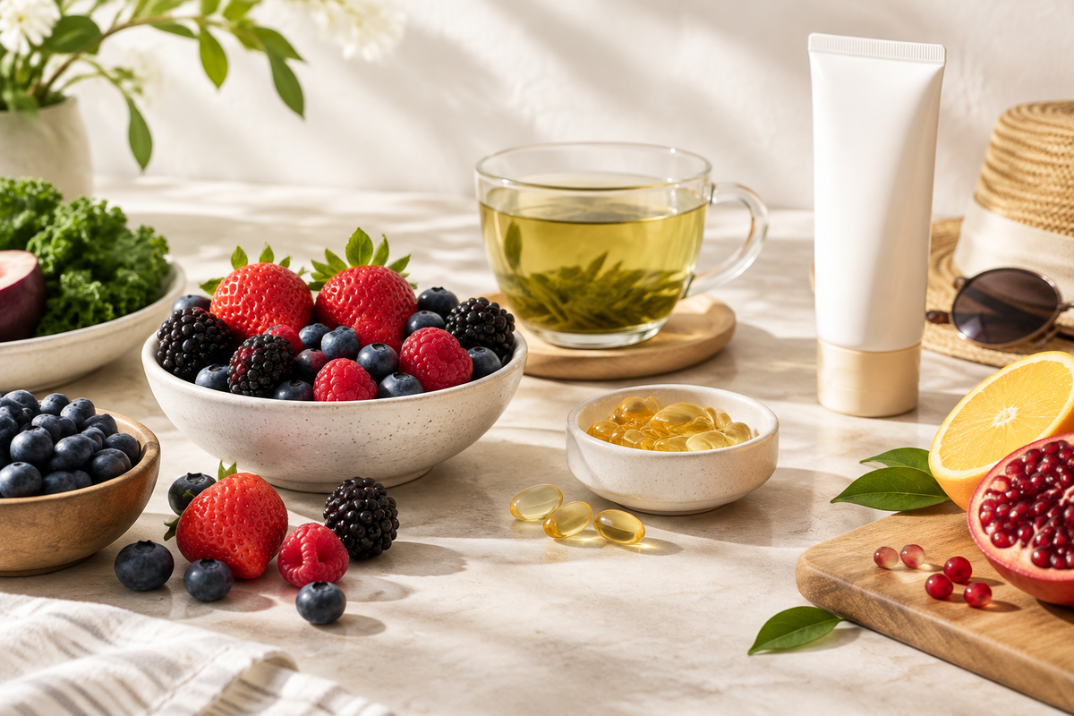 Colorful antioxidant-rich foods with berries, green tea and softgels beside sunscreen