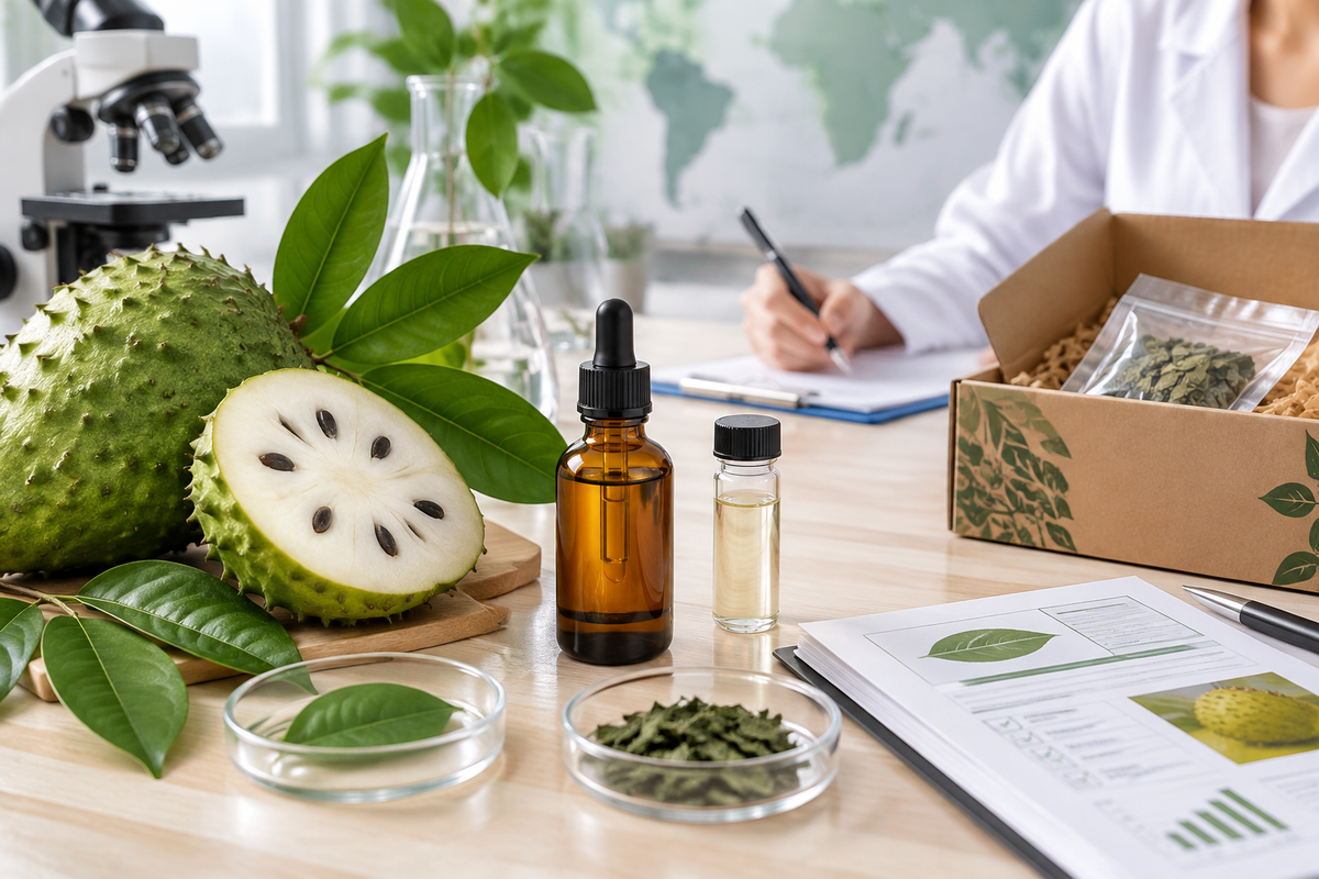 Soursop extract sample with botanical identity, safety and claims review documents