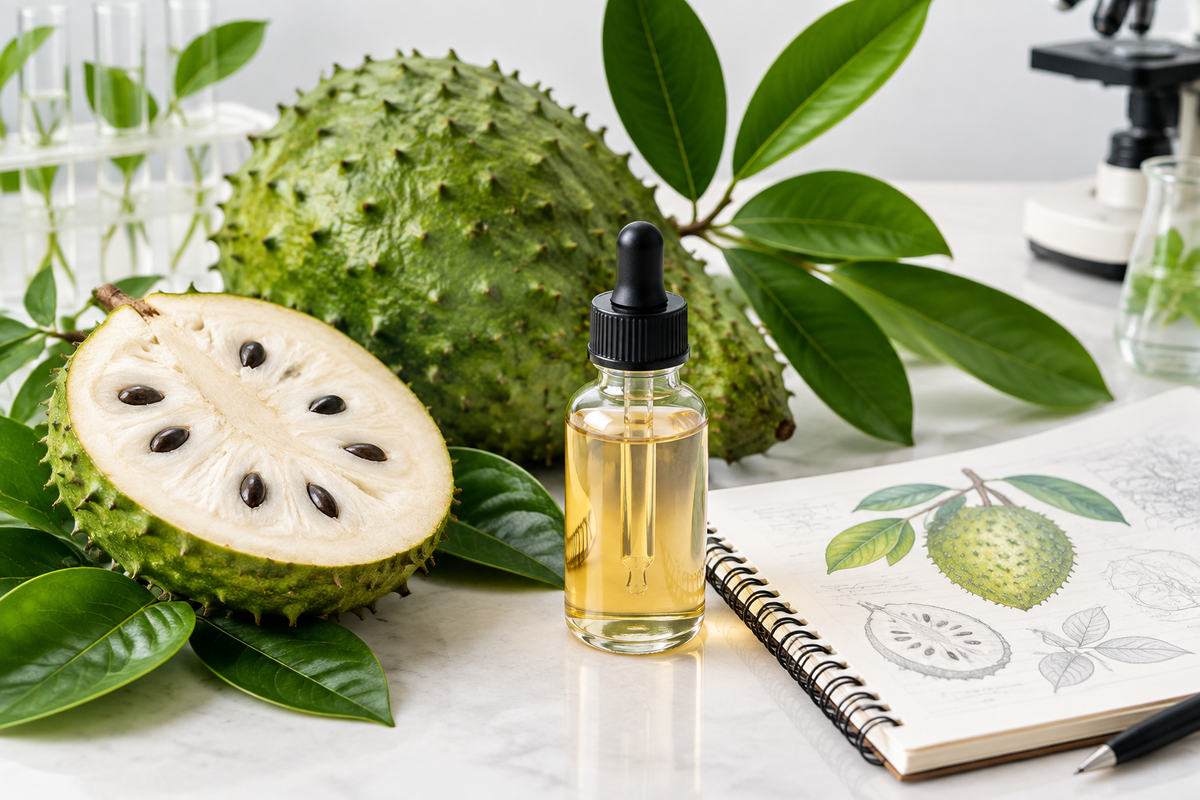 Soursop botanical liquid drops with fruit, leaves and a research notes setting