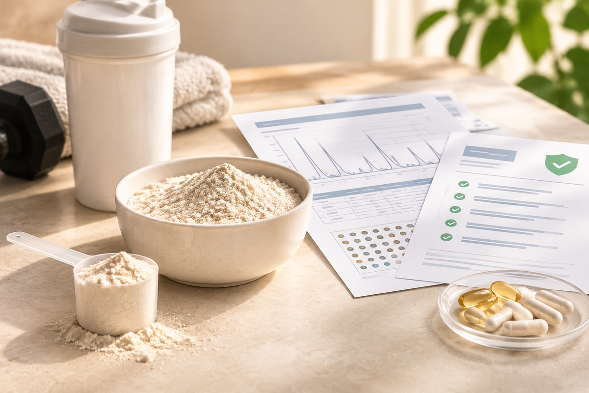 Sports powder samples with stimulant disclosure, banned substance screening certificate and label compliance review