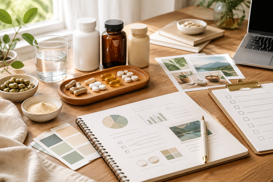 New supplement brand planning desk with product samples, market research notes and a sourcing checklist