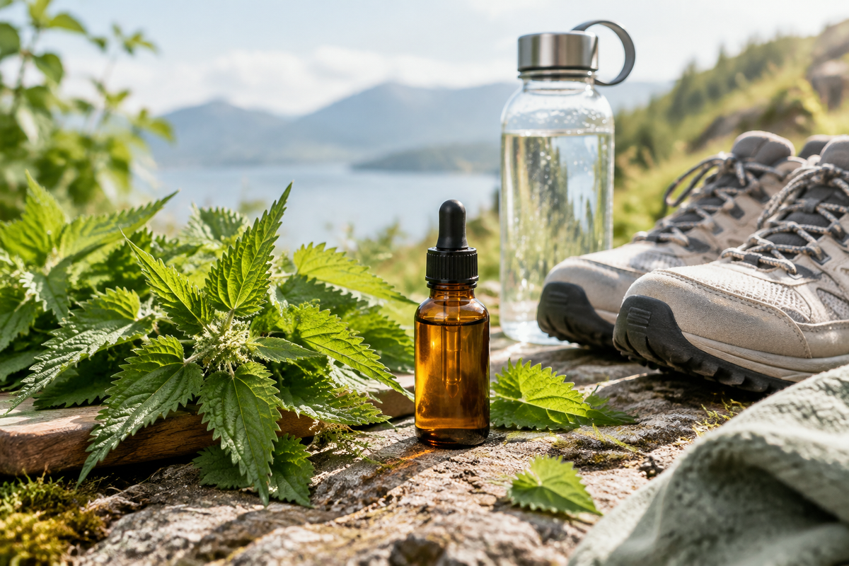 Stinging nettle root liquid drops with botanical leaves and a mobility routine
