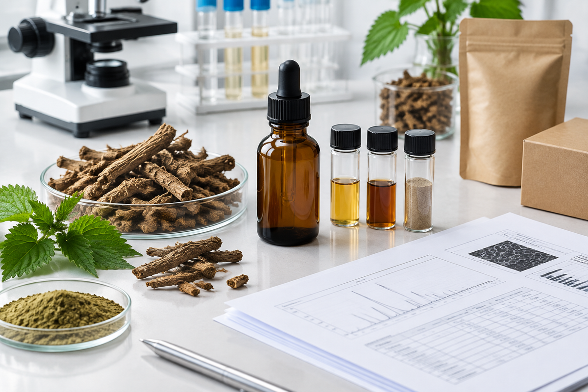 Stinging nettle root extract sample with botanical COA and testing checklist