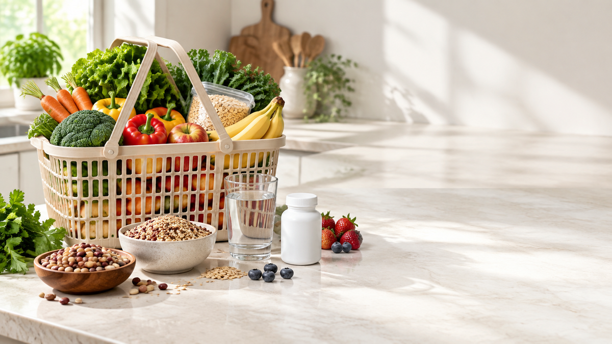 Editorial wellness photograph of a balanced supermarket basket with produce, whole grains, water and an unbranded supplement bottle