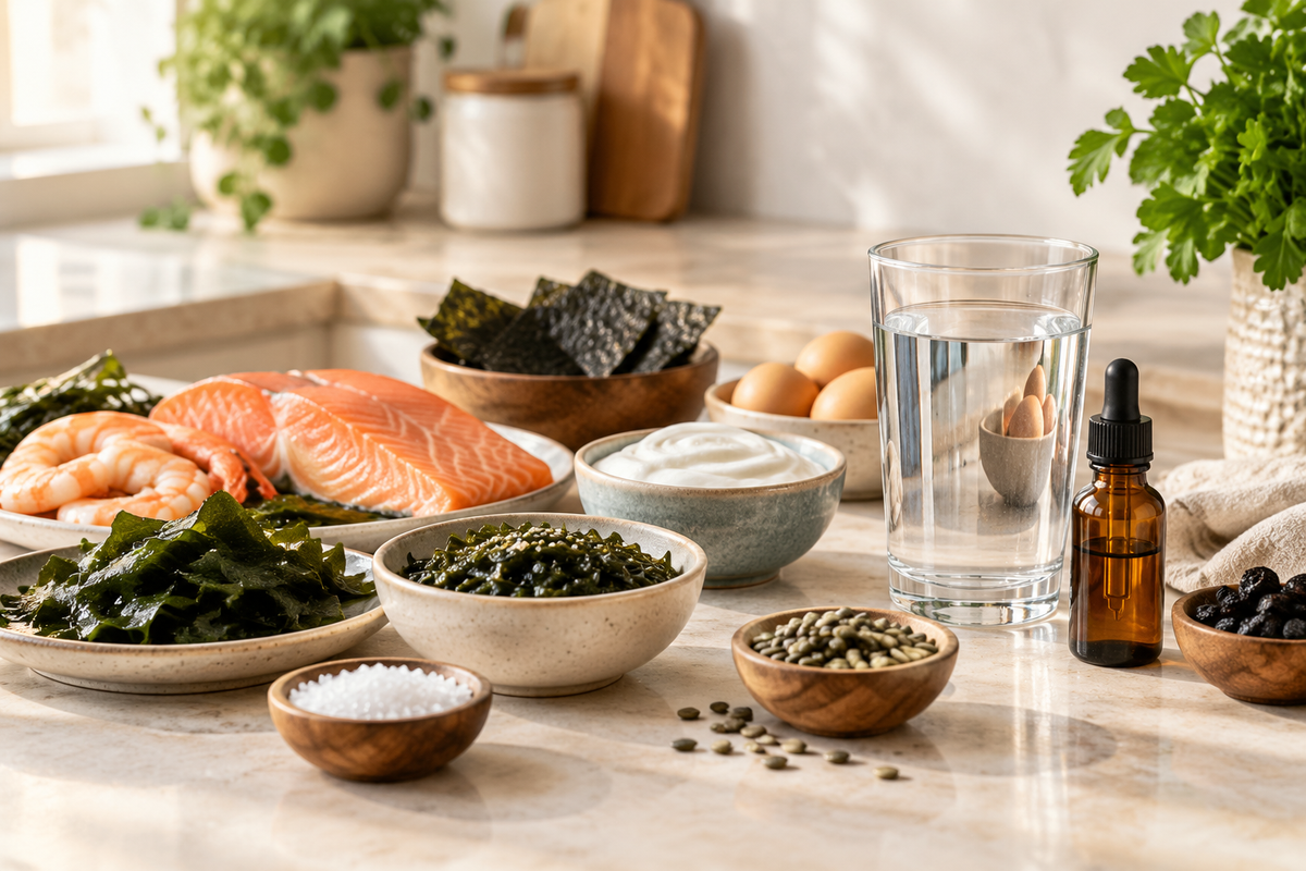 Thyroid wellness routine with iodine-rich foods, a water glass and liquid drops on a kitchen counter