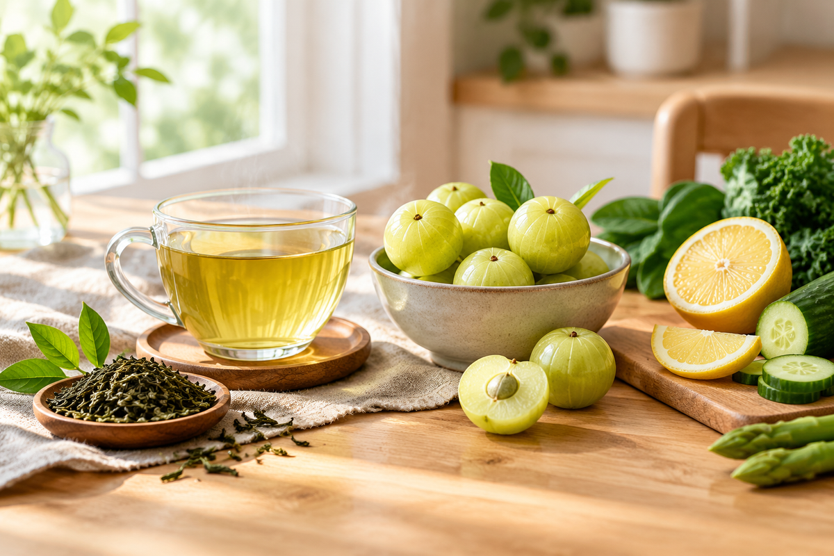 Illustrative green tea beside fresh amla fruit, citrus and vegetables on a sunlit kitchen table